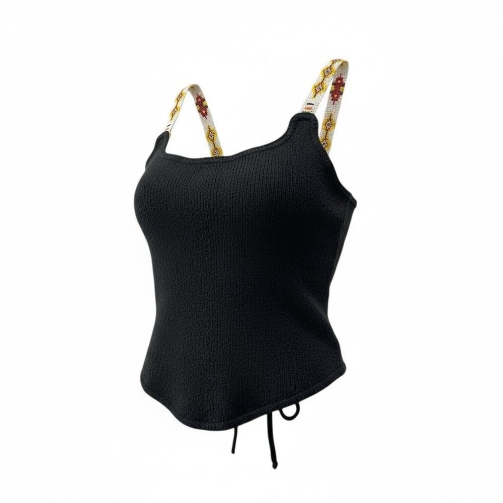 VTG Y2K 2000s Black Knit Tank Top‎ Beaded Strap Tie Back Sz XS Boho Tribal